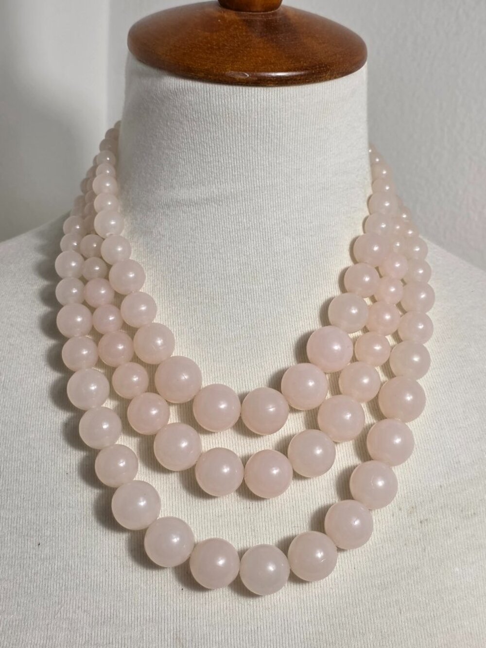 Vtg Pink Moonglow Lucite Bead Necklace Triple 3 Strand Chunky Layered Retro
